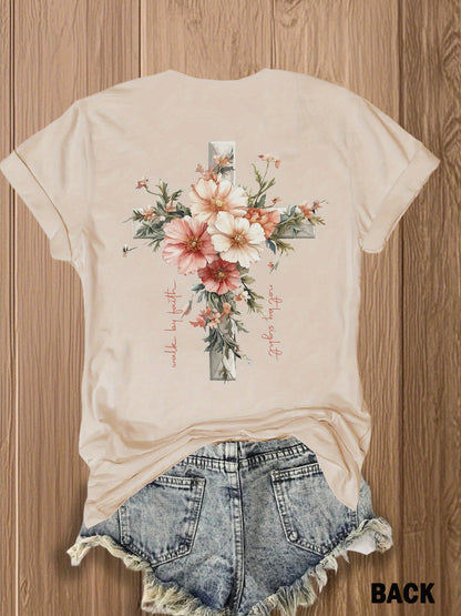 Jesus Floral Cross Double-Sided Print T-shirt - Stylish Faith-Inspired Design for Casual Wear, Perfect for Christian Women, Trendy and Comfortable -blend T-shirt with Double-sided Print