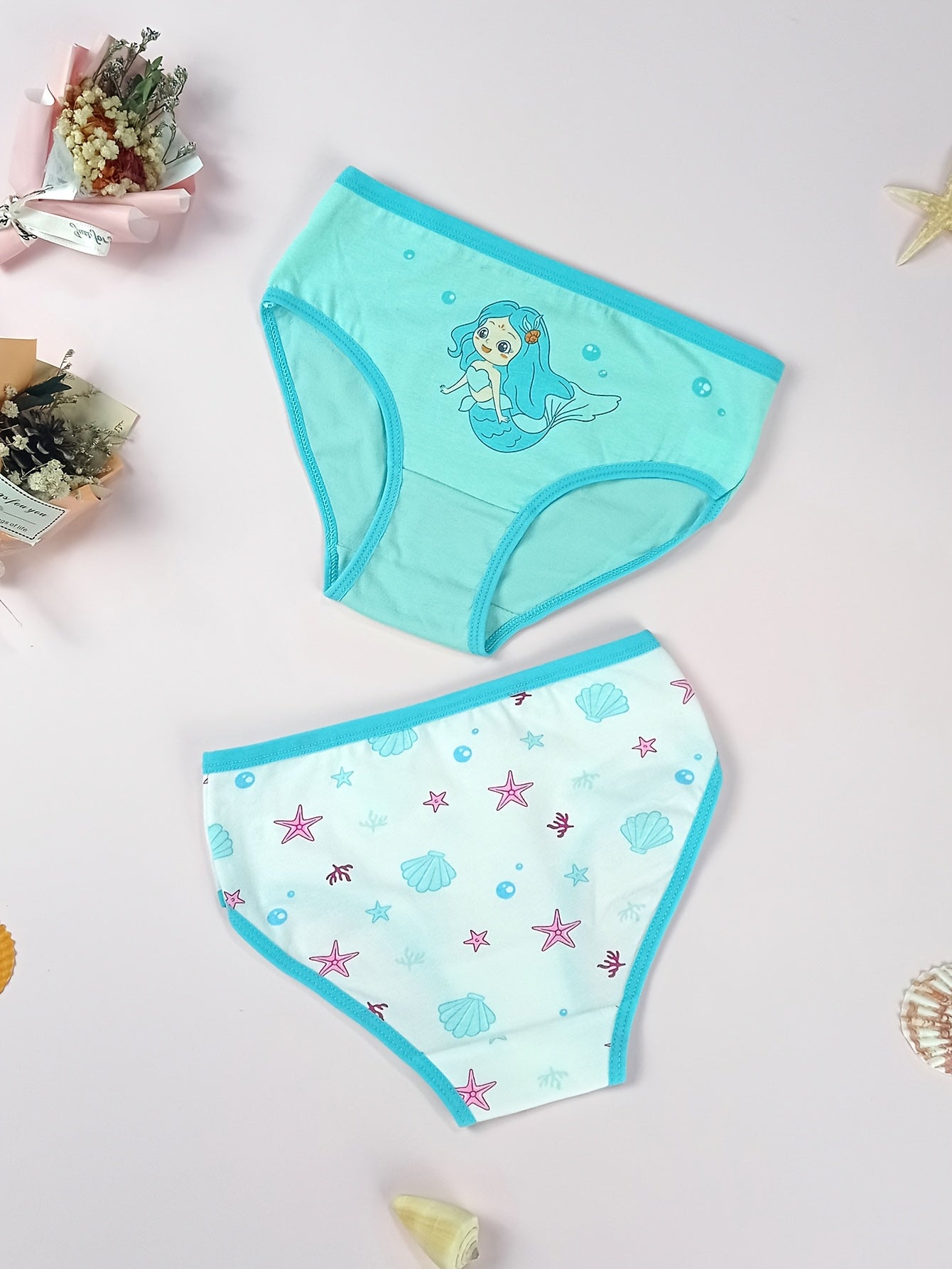 4pcs VIFINE Girls Mermaid Printed Underwear - 95% Cotton Soft Breathable Triangle Briefs with Cute Cartoon Mermaid Designs, Pastel Colors for Youngsters & Youngsters, All-Season Comfort