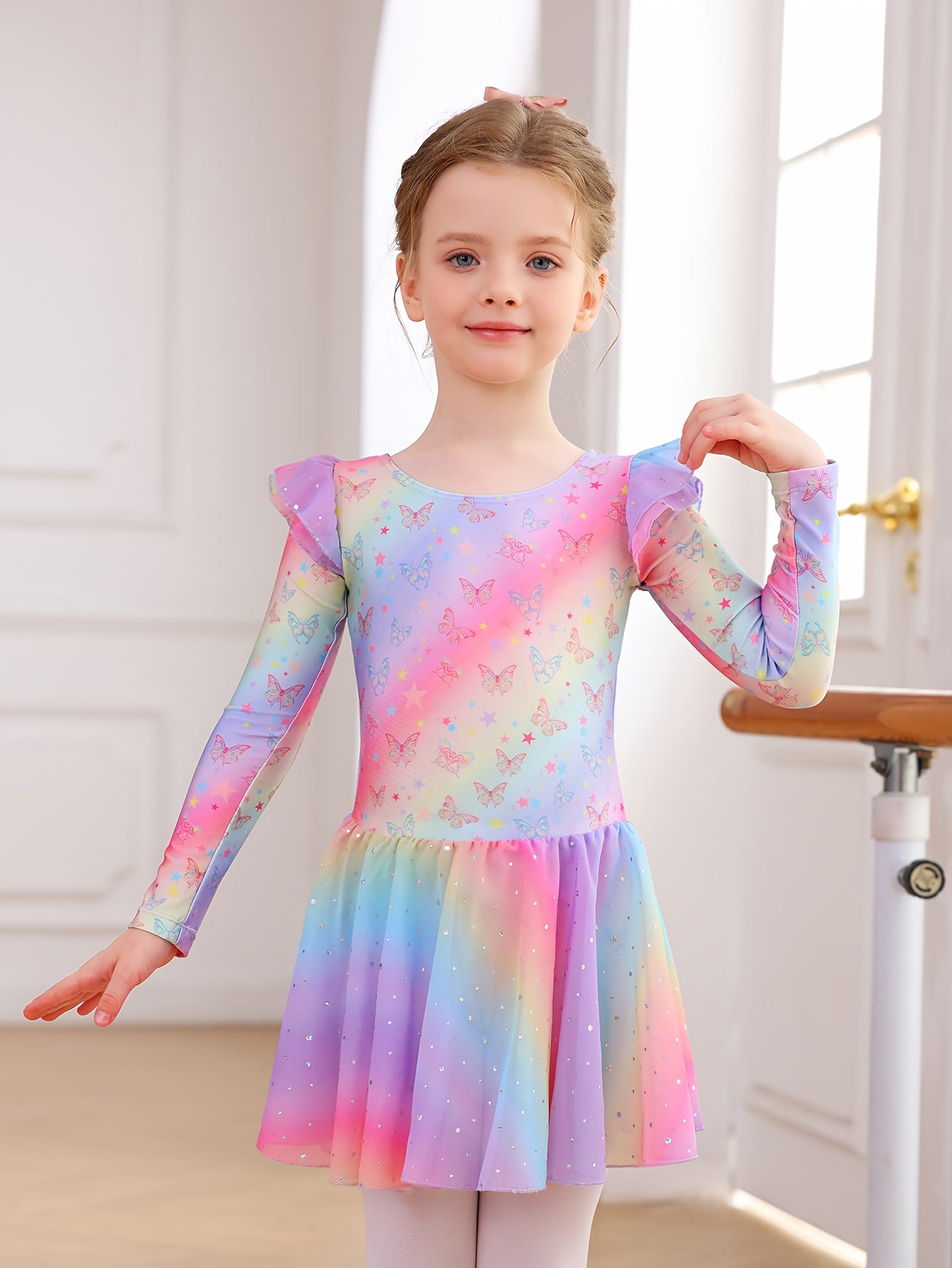 Easter Girl Clothes, Girls' Clothing, Girls' Dance Dress, Autumn And Winter Long-sleeve New Rainbow Star Pattern Tulle Dress, Sweet And Cute Sequin Chiffon Dress, Children's Ballet Dress, Leotard Tulle Dress