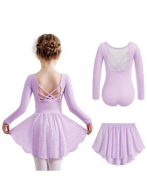 Girls' 2pcs Ballet Leotards Long Sleeve Cross-Back Dance Leotard with Detachable Shiny Skirt, Stretchy Polyester Dance Dress for Parties, Birthdays & Sports Events, Perfect for Outdoor, All Seasons, Gift for Back-to-School Season, Beach Essentials