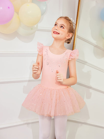 [Perfect Gift] Sweet Girls Ruffle Sleeve Ballet Skirted Leotard Shiny Dance Tutu Dresses for Ballet Gymnastics Performance, Perfect for Outdoor, All Seasons, Gift for Back-to-School Season, Beach Essentials, Perfect for Outdoor