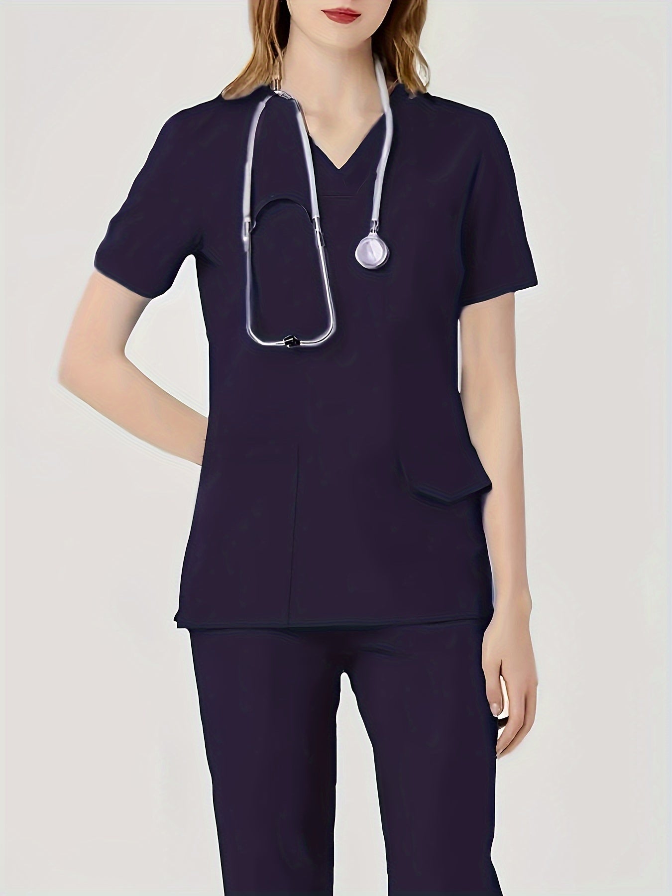 Ultra-Soft Womens Two-Piece Health Care Uniform Set - Stylish V-Neck Top With Practical Pockets & Sleek Solid Pants - Premium Quality, Comfortable Everyday Wear For Women