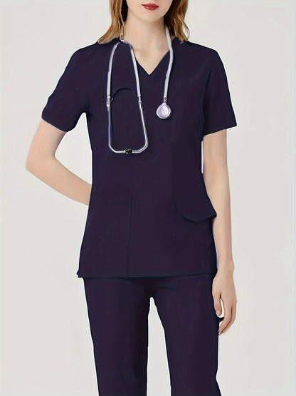 Ultra-Soft Womens Two-Piece Health Care Uniform Set - Stylish V-Neck Top With Practical Pockets & Sleek Solid Pants - Premium Quality, Comfortable Everyday Wear For Women
