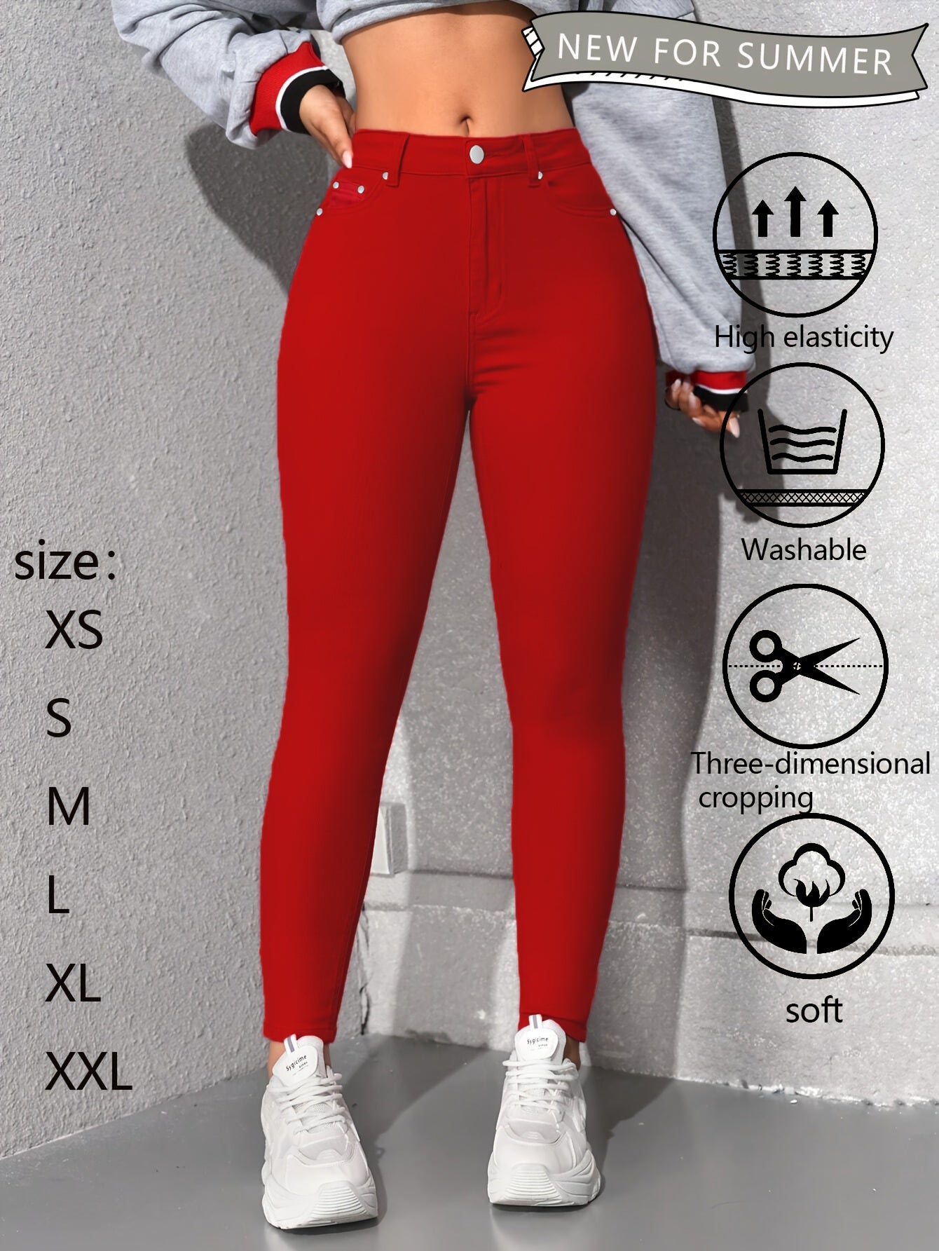 Womens Red High Waisted Skinny Jeans with Multiple Rivet Details High Elasticity Stretch Denim Pants Tummy Control Slim Fit Booty Lifting Design Soft Comfortable Machine Washable Summer New Arrival Casual Casual Attire Versatile Wardrobe Essential