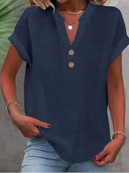 ZOELNIC Women's V-Neck Button-Front Placket T-Shirts - Short Sleeve Casual Summer Tops, Breathable Daily Wear Shirts Suitable for Spring/Summer, Solid Color Casual Wear, Machine Washable (No)