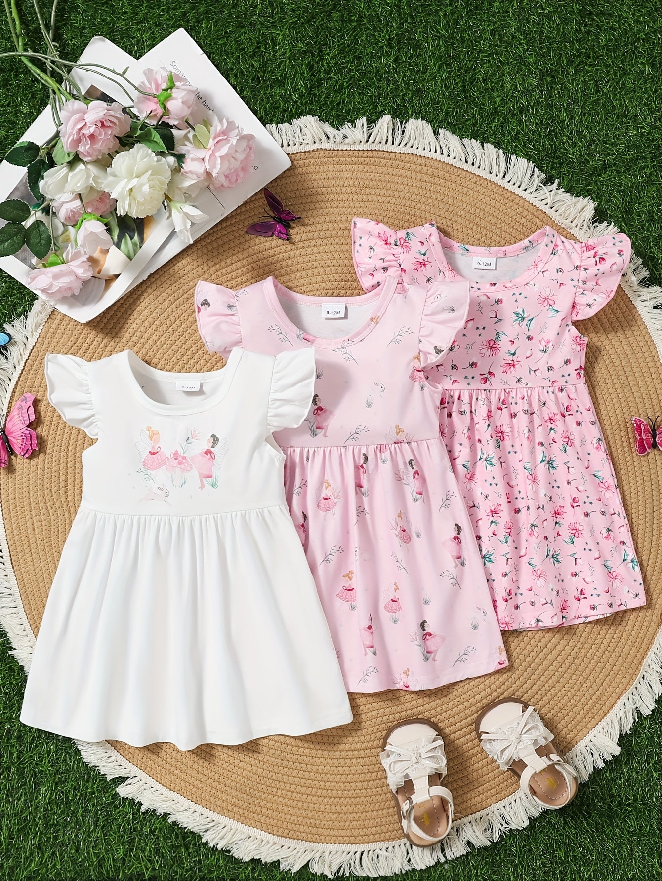 A Cute And Casual Outfit Set for Baby Girls Featuring a Pink Floral Print Dress with Flutter Sleeves, Designed for Spring And Summer.