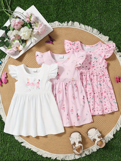 A Cute And Casual Outfit Set for Baby Girls Featuring a Pink Floral Print Dress with Flutter Sleeves, Designed for Spring And Summer.