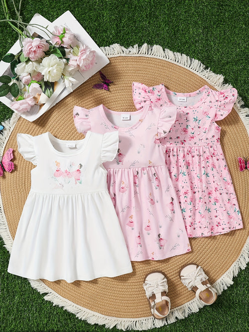 A Cute And Casual Outfit Set for Baby Girls Featuring a Pink Floral Print Dress with Flutter Sleeves, Designed for Spring And Summer.