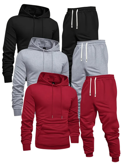[ 6pcs Set ] Men's Casual Sports Hooded Sweatshirt Set, Long Sleeved Hooded Sweatshirt Paired with Drawstring Pants, Regular Style, Knitted Fabric, Black, Red, Gray, Three Color Combination Set, Solid Color Design