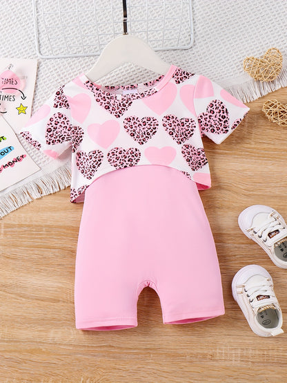 1set Baby Girl Valentine'S Day Heart Print Short Sleeve Top and Pink Romper Set, Casual Summer Outfit, Knitted Polyester Fabric, Stretchy Regular Fit Shortsuit, for Outdoor