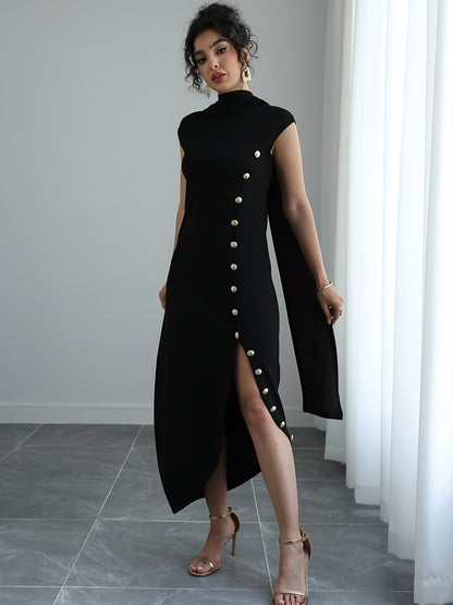 Women'S Elegant High Neck Sleeveless Maxi Dress with Shawl Collar & Split Hem - Solid Color A-Line Silhouette, Floor-Length to Mid-Calf Length Adjustable Maxi Dress for Spring Summer Fall, Casual to Formal Events, Wrinkle-Resistant Fabric (No Lining) - Ve