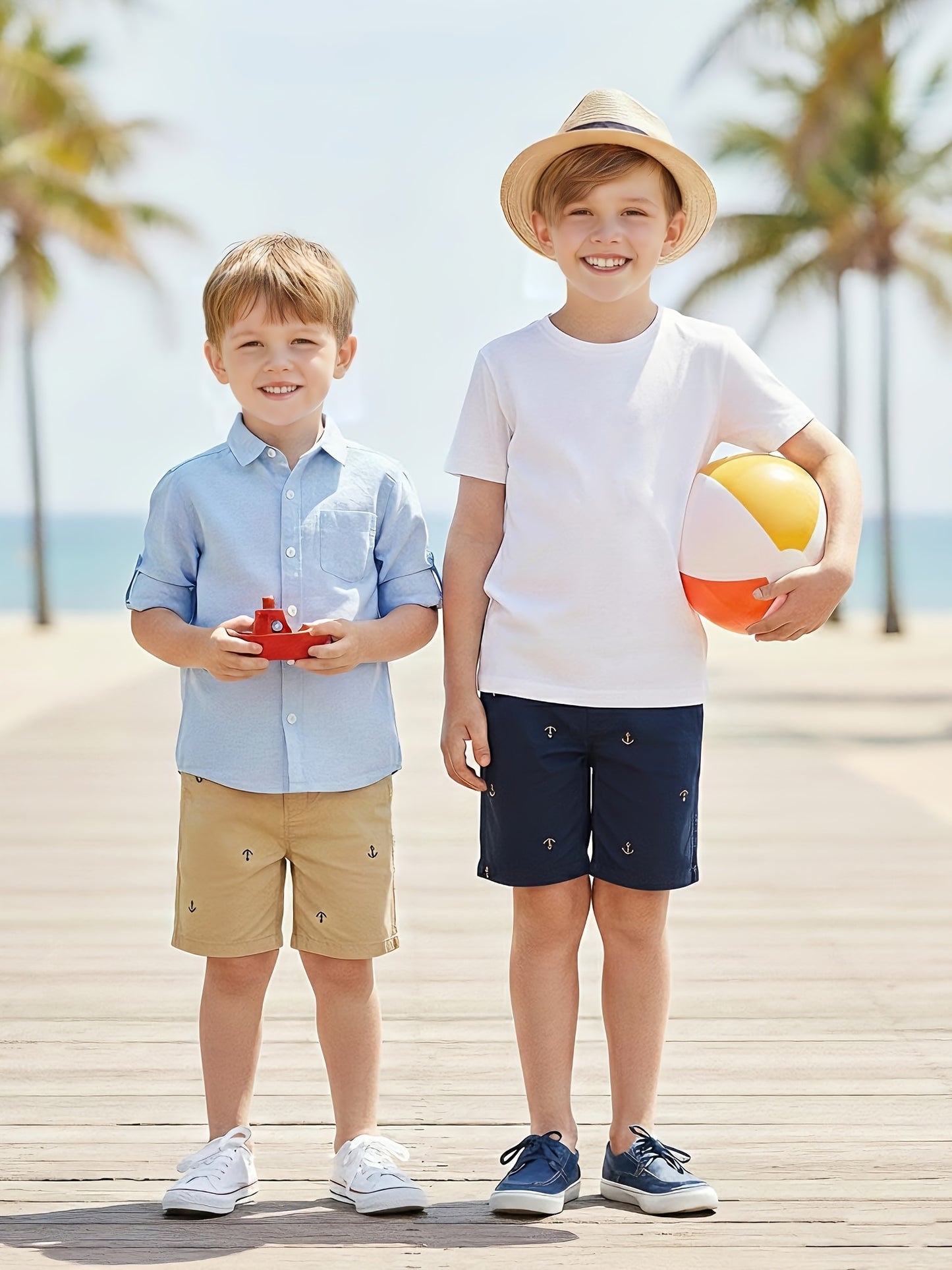 2-Pack Toddler Boys' Athletic Shorts With Pockets - Pull-On Design Active Adorable Anchor-Print, Soft And Breathable Casual Summer Shorts For Kids 1-7 Years, for Outdoor