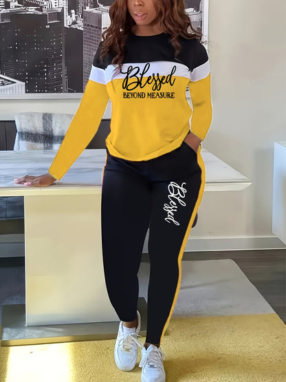 Ladies' Blessing Printed Casual Two-piece Set, Contrast Color Crew Neck Long Sleeve Top And Pants Suit