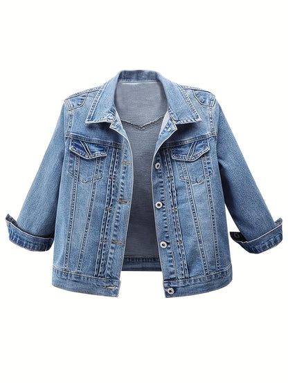 Ladies' Short Denim Jacket with a Slim Fit, Featuring 3/4 Sleeves And a Distressed Look