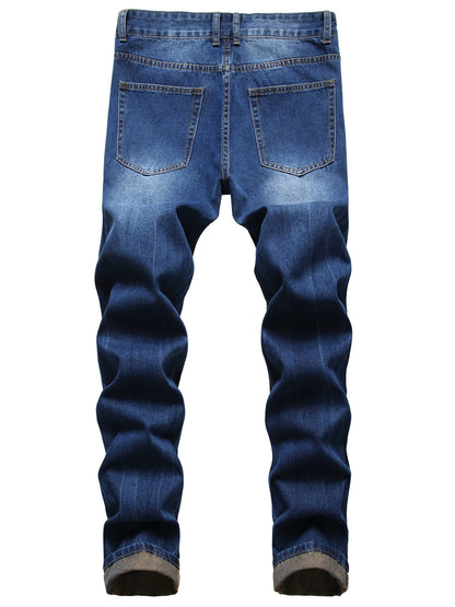 Men's Slim Fit Distressed Jeans - Straight Leg Ripped Denim Pants, Street Style, Blue Denim with Golden Thread Details, Machine Washable, Comfortable & Stylish for Casual Attire, Casual Everyday Jeans | Stylish Casualwear | Jeans