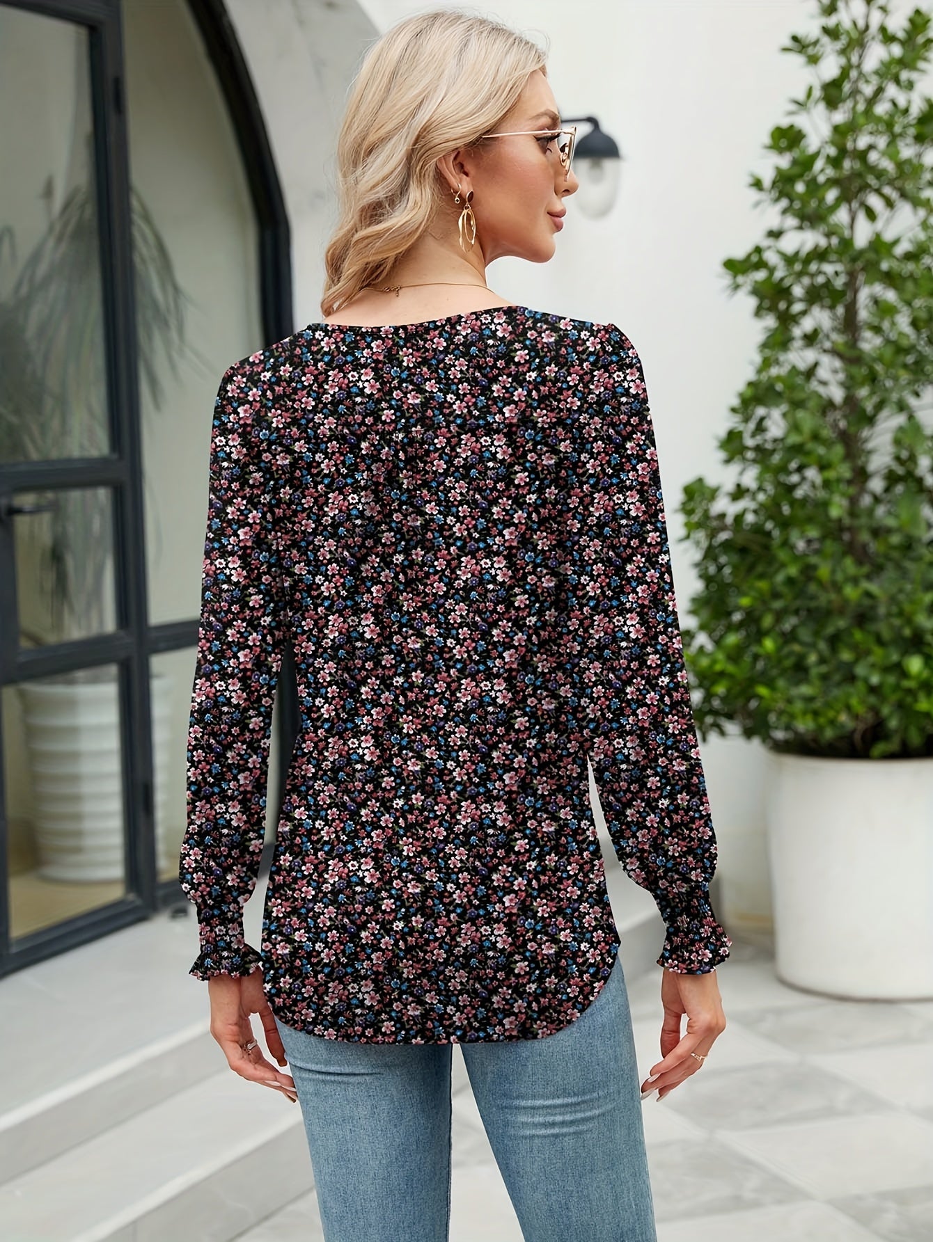 Women's Casual Fall Floral Round Neck Puff Sleeve Tunic Long Sleeve Top Pleated Loose And Versatile T-Shirt