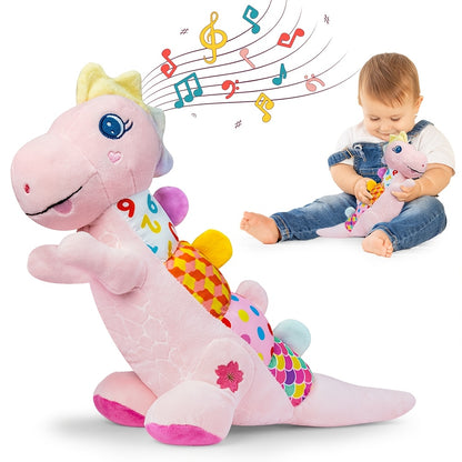 Baby Musical Plush Stuffed Pink Dinosaur Toy with Texture, Crinkle Sound Paper, Squeaky, Rattle, Time Toy for Babies 0-3-6-12+ Months, Great As Easter, Christmas, Halloween And Birthday Gift for Baby Boys And Girls.