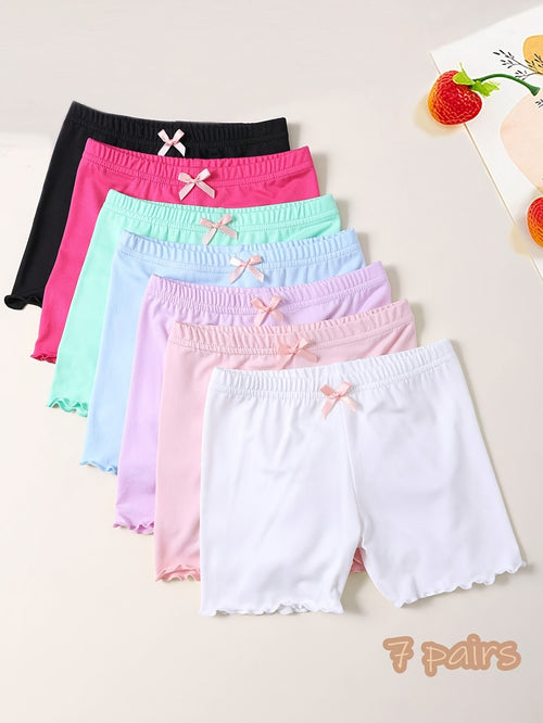 7pcs Girls' Sweet & Cute Colorful Boxer Briefs - Soft Polyester & Elastane Blend, Comfortable Safety Shorts with Bow Detail, Non-Transparent, All-Season Wear, Casual Youngsters Shorts|Playful Bow Detail|Knitted Construction