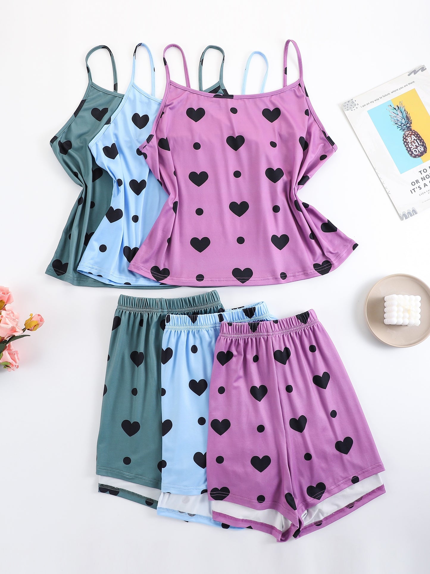3 Sets Women'S Plus Casual Pajama Set, Plus Size Heart & Polka Dot Print Round Neck Cami Top & Shorts Lounge 6pcs Set