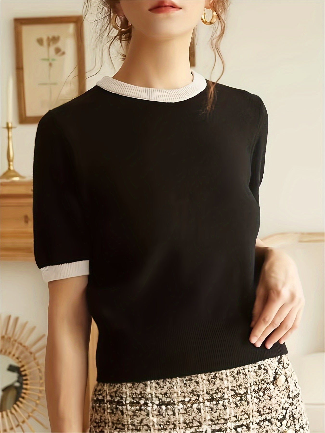Spring/Summer/Autumn Contrast Trimming Round Neck Holiday Casual Elegant Party Business Commuter Gift Knitted Top T-shirt