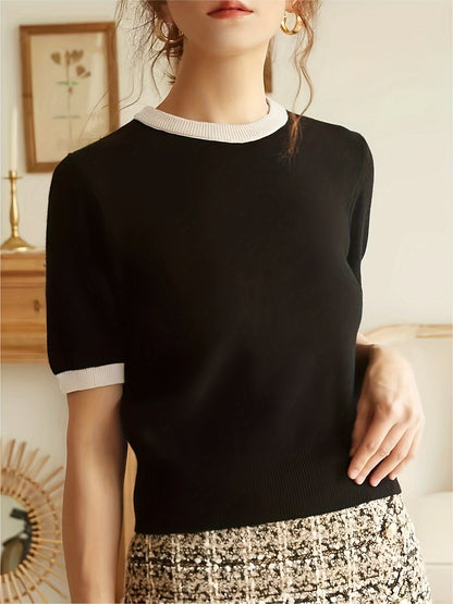 Spring/Summer/Autumn Contrast Trimming Round Neck Holiday Casual Elegant Party Business Commuter Gift Knitted Top T-shirt