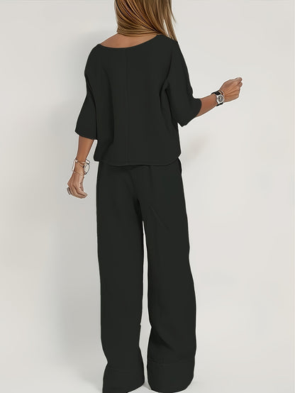 Elegant Two-Piece Set Short Sleeve High-Waisted Pants Suit