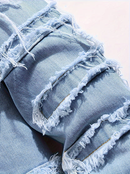 Men'S Ripped Denim Jacket Slim Fit Jean Outerwear Streetwear Casual Coat