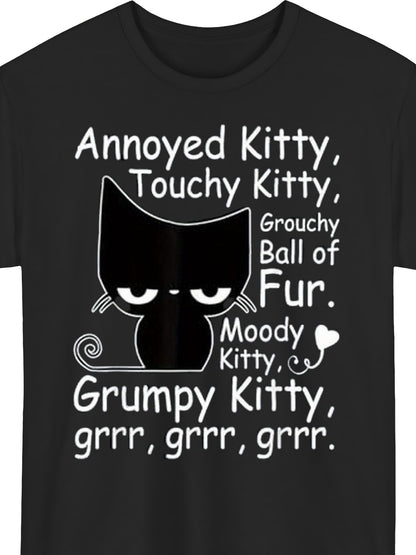 Men'S Oversized 180gsm Heavyweight T-Shirt with Annoyed Kitty Graphic Print | Breathable Crew Neck, Short Sleeve, Casual Tee for All-Season Comfort, Humorous Lettering Design, Plus Size