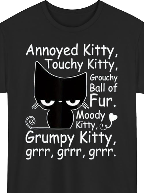 Men'S Oversized 180gsm Heavyweight T-Shirt with Annoyed Kitty Graphic Print | Breathable Crew Neck, Short Sleeve, Casual Tee for All-Season Comfort, Humorous Lettering Design, Plus Size