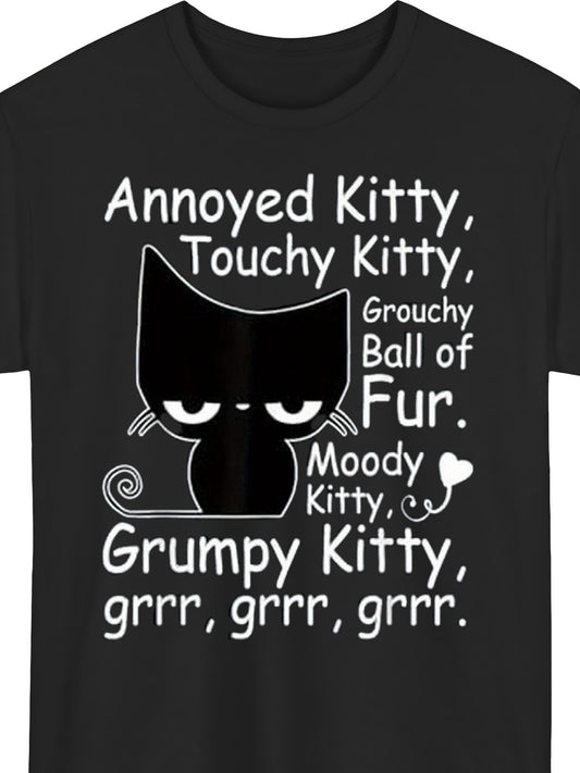 Men'S Oversized 180gsm Heavyweight T-Shirt with Annoyed Kitty Graphic Print | Breathable Crew Neck, Short Sleeve, Casual Tee for All-Season Comfort, Humorous Lettering Design, Plus Size