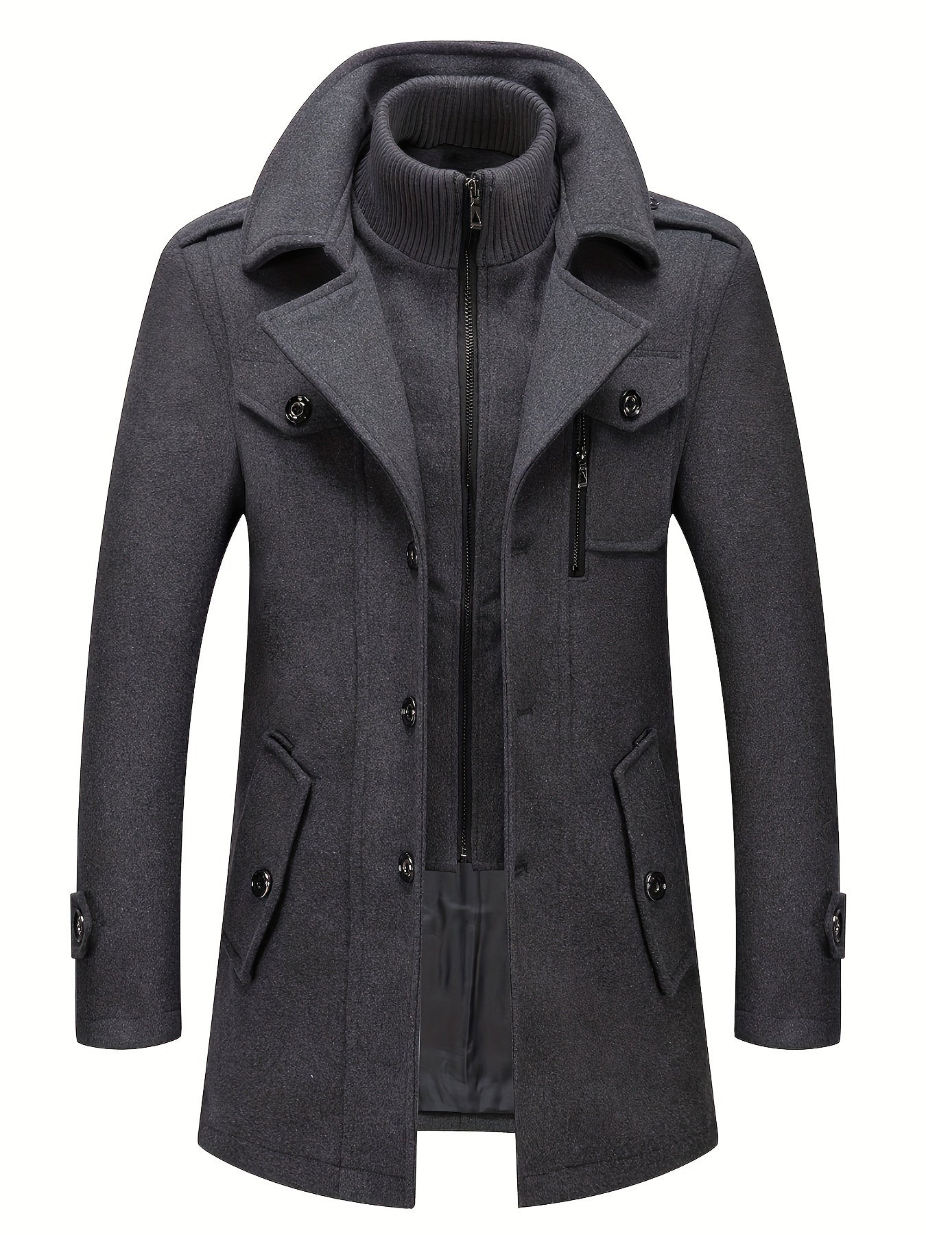 Men's Stand Collar Fleece Blend Pea Coats with Removable Inner Collar Single Breasted Overcoat