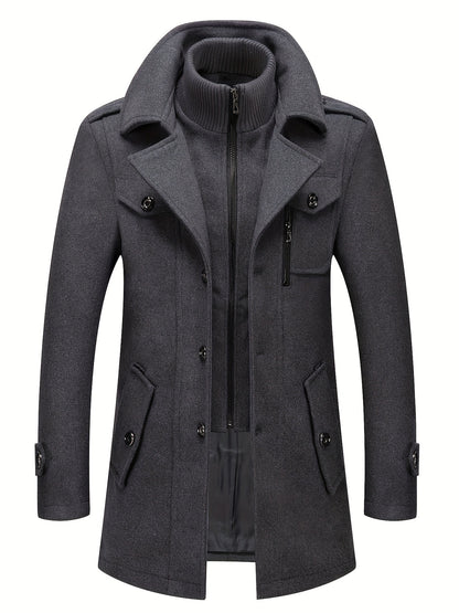 Men's Stand Collar Fleece Blend Pea Coats with Removable Inner Collar Single Breasted Overcoat