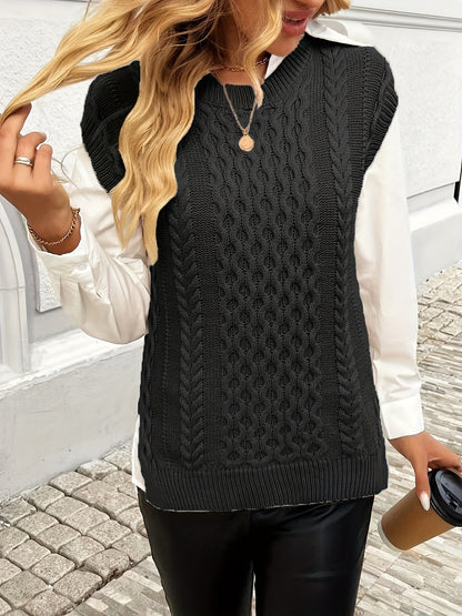 Women's Cable Sweater Vest - Sleeveless Round Neck Slit Hem Blouse, Solid Color Medium-Elastic Knitwear for Spring Summer Fall Layering, Casual & Semi-Formal Wear (Hand Washable)