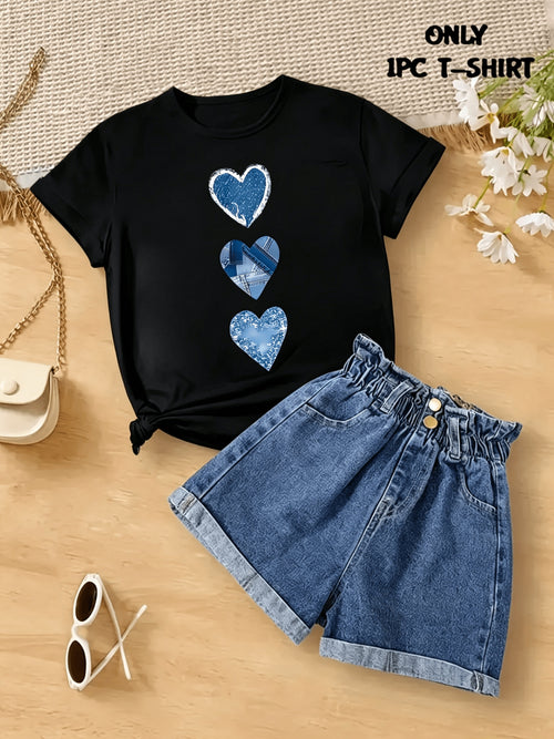 1pc White T-shirt with Blue Heart Print - Stylish Casual Short Sleeves, Unique Design, Perfect for Summer Outfits. Pair with a Fashionable Beige Handbag and Trendy Fashion Glasses for a Complete Look....