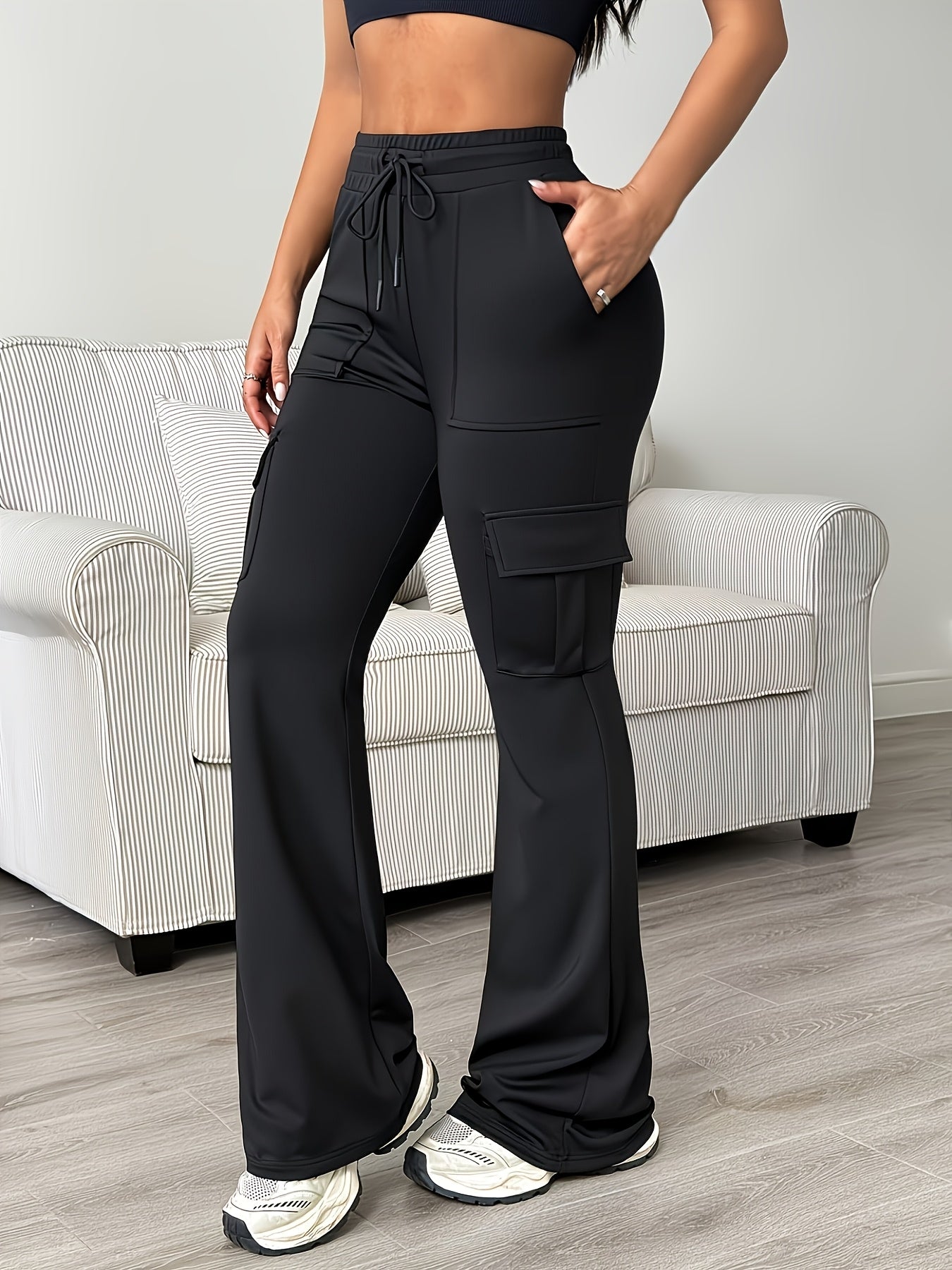 Women'S Functional Flare Cargo Pants, High Waist Elastic Drawstring Bootcut Leggings With Multi-Pockets, Stretchy All-Purpose & Casual Pants