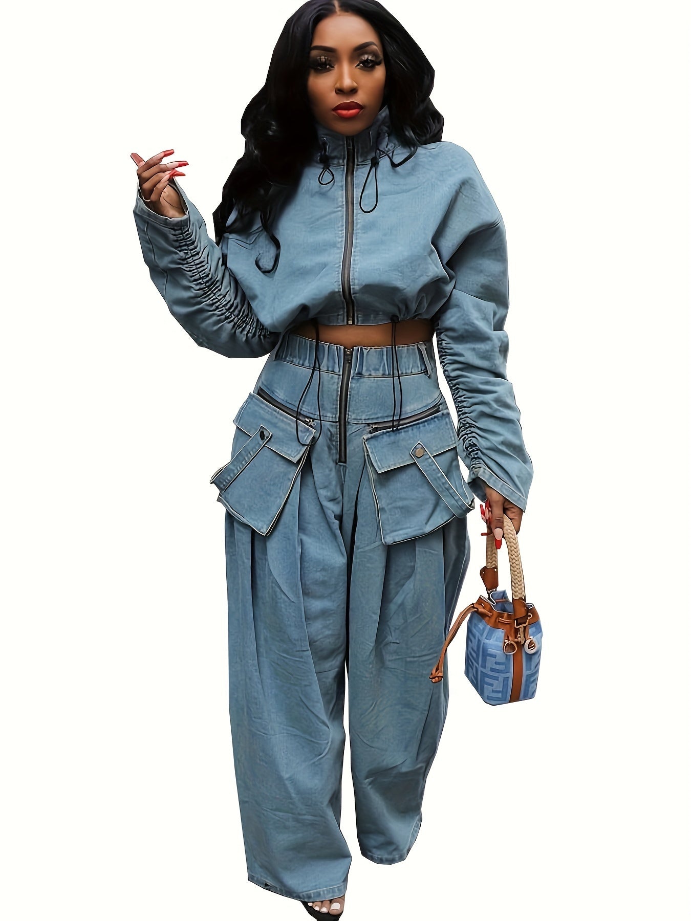 Womens Two Piece Sets Denim Outfit Ruched Long Sleeve Zip Up Cropped Jean Jacket Wide Leg Pants Chic Set