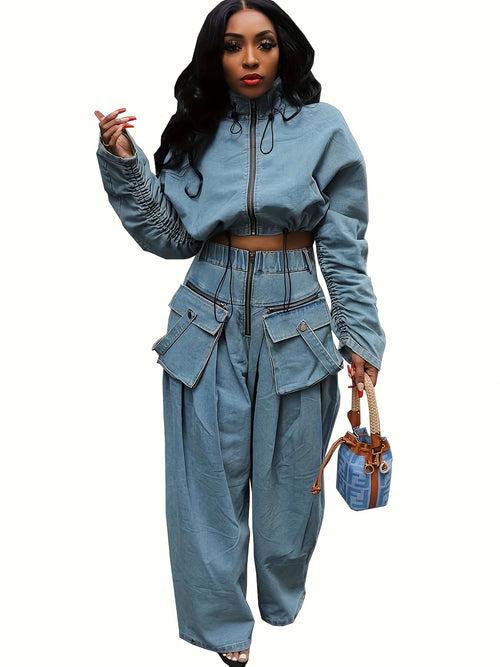 Womens Two Piece Sets Denim Outfit Ruched Long Sleeve Zip Up Cropped Jean Jacket Wide Leg Pants Chic Set