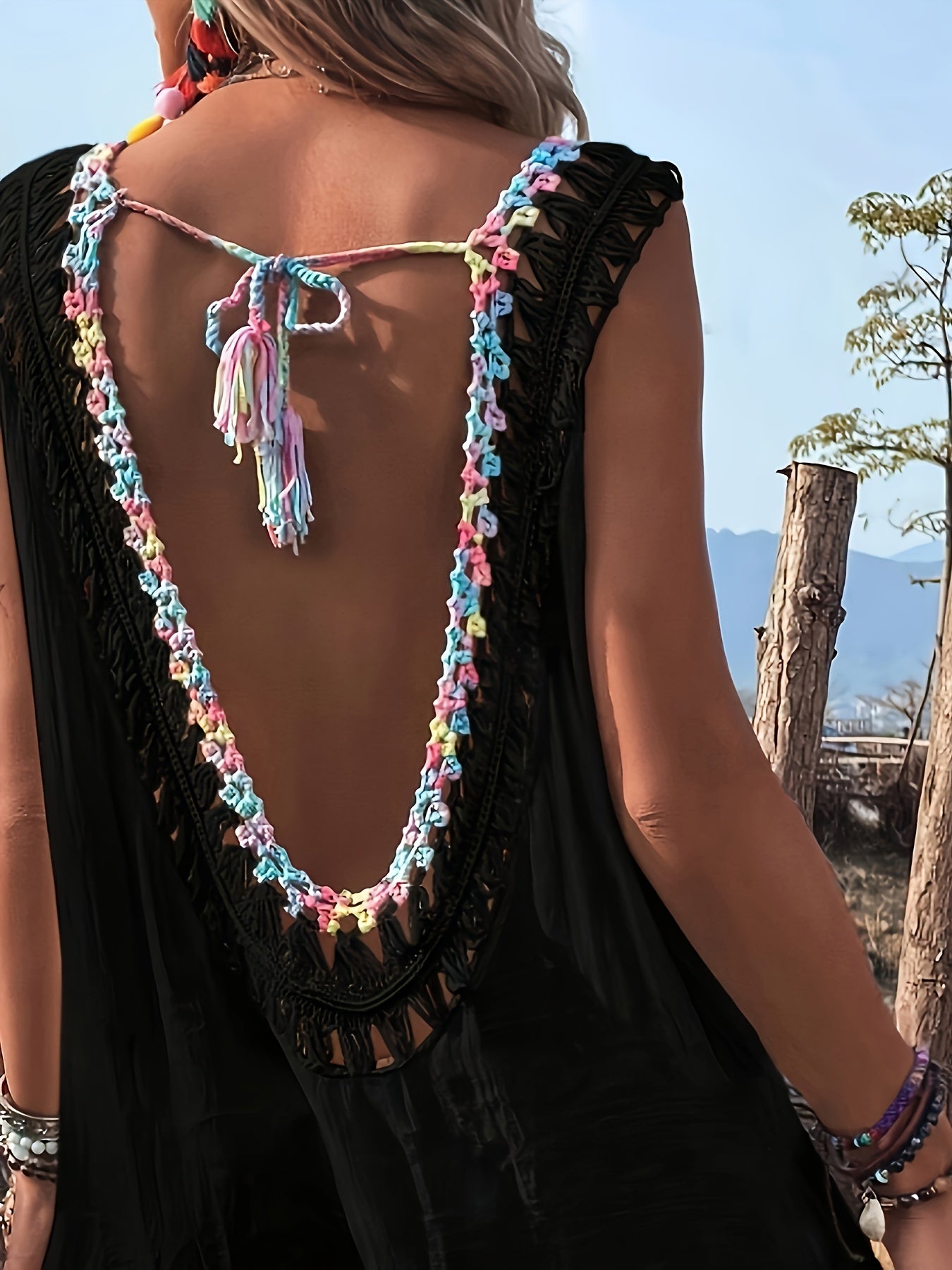 Women's Summer Vacation Style Hand Hook Splicing Color Thread Splicing Fringe V-neck Pullover Hollowed Out Beach Bikini Smock Skirt
