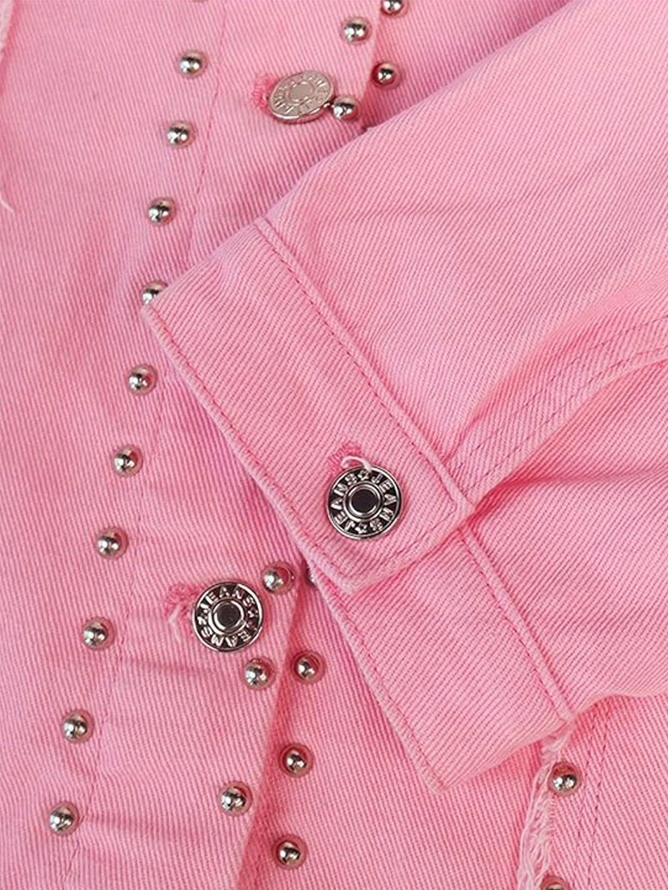 Women's Long Sleeve Rivet Studded Denim Jacket Casual Washed Pearl Short Jean Coat