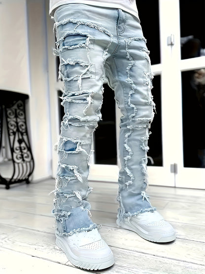 Men's Creative Tassel Decor Straight Fit Jeans, Men's Casual Mid-Rise Elastic Street Style Hip-Hop Skate Rap Jeans for All Seasons