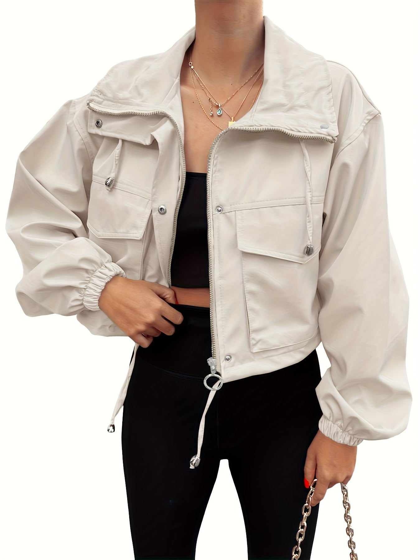 Women'S Cropped Jacket Zip Up Lightweight Oversized Utility Anorak Coat with Pockets