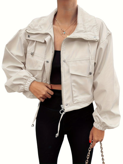 Women'S Cropped Jacket Zip Up Lightweight Oversized Utility Anorak Coat with Pockets