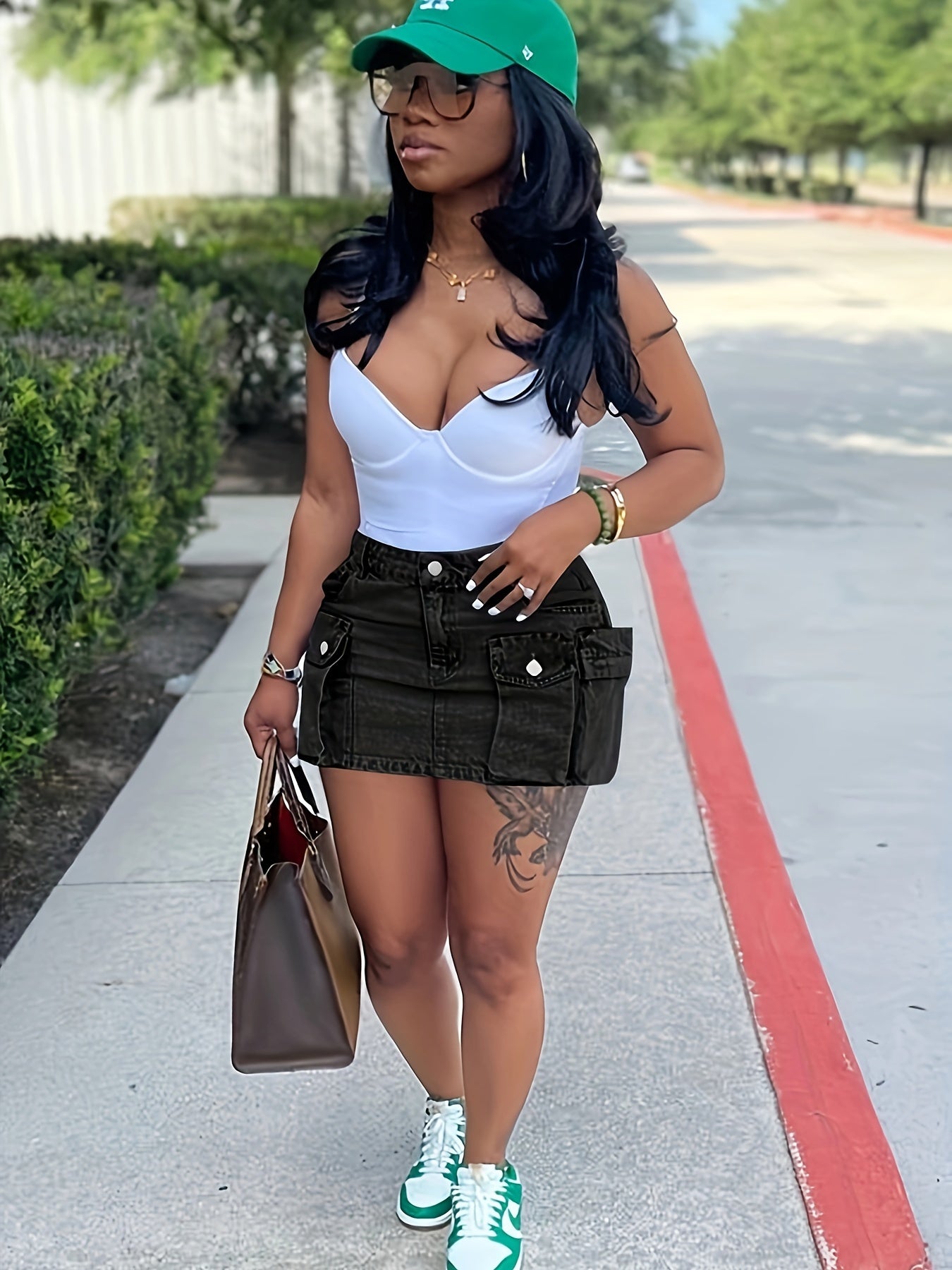 Women's Cute Button Bodycon Low Waist Mini Cargo Denim Skirt With Pocket