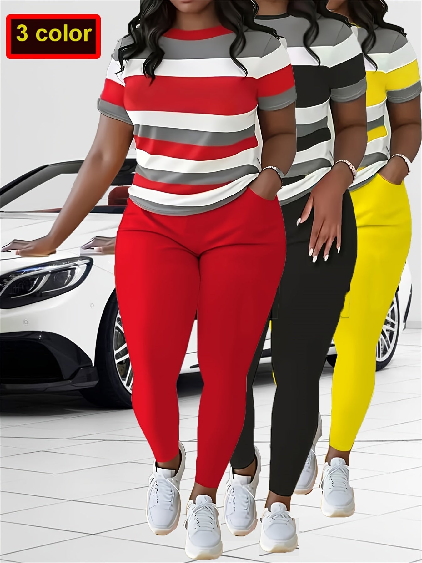 Plus Size Womens Casual Lash Sets Crew Neck Short Sleeve Top & Pocket Pants Outfit with Medium Stretch Random Printing And Machine Washable Perfect for Daily & Casual Scene