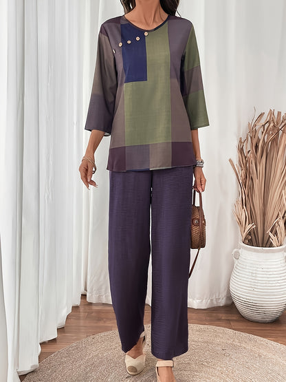 Elegant Women's Two-Piece Set - Round Neck Top And Wide Leg Pants with Checkered Patchwork Print, Polyester Material, Simple And Casual, Soft And Skin-Friendly, Perfect for Spring And Summer