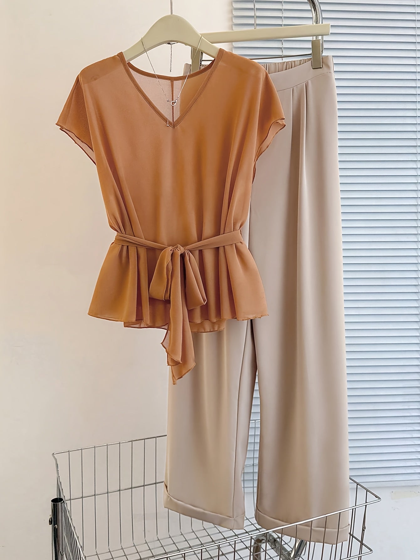 Plus Size, Ladies' Casual Orange Short-sleeved Top And Pants Set for Spring And Summer