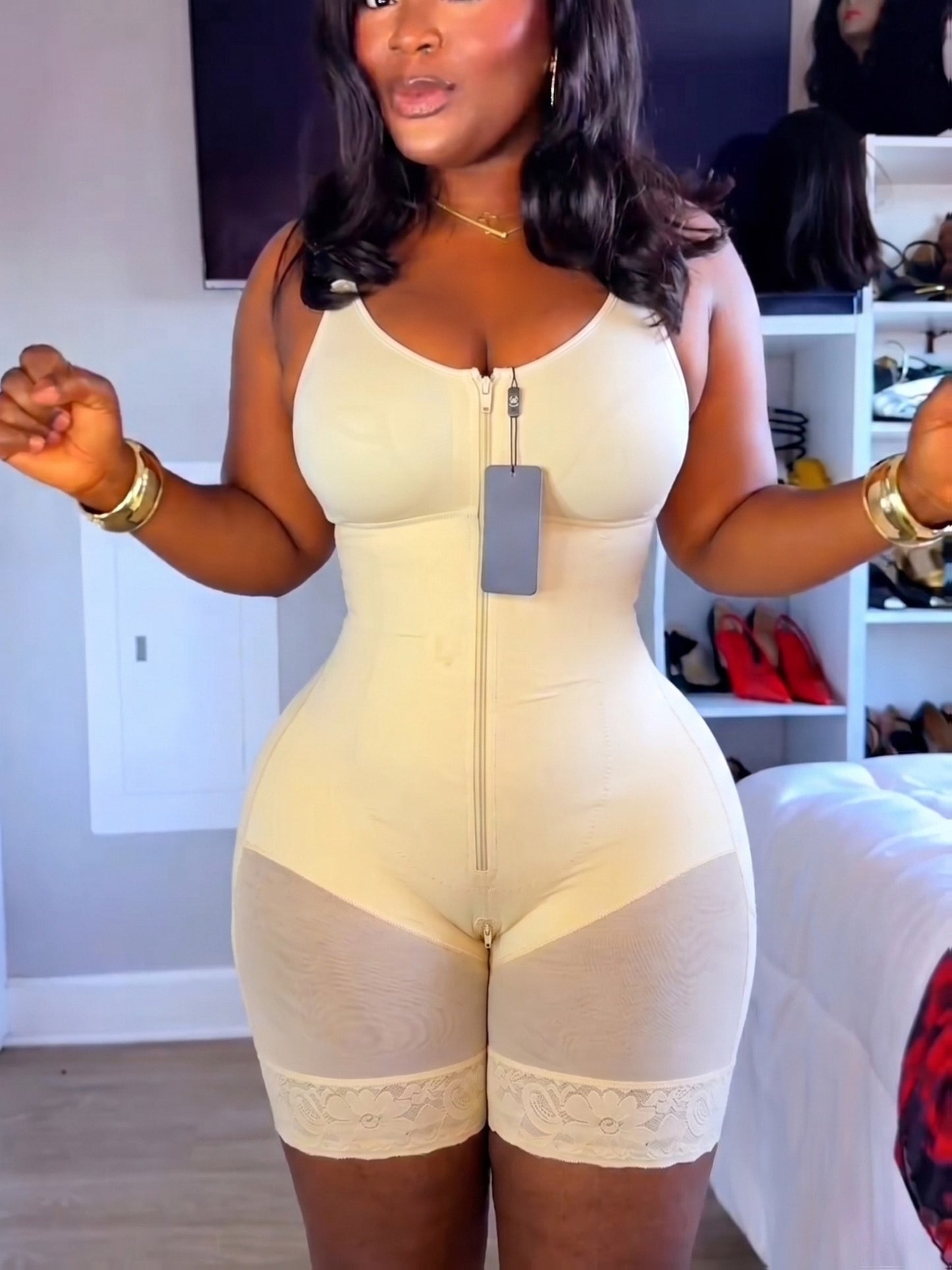 Women'S Colombian Faja Shapewear With Zipper - Tummy Control Butt Lifting Bodysuit, High Compression Shaper Garment, Lace Contrast, Non-Slip, Suitable For Postpartum Surgery Daily Wear