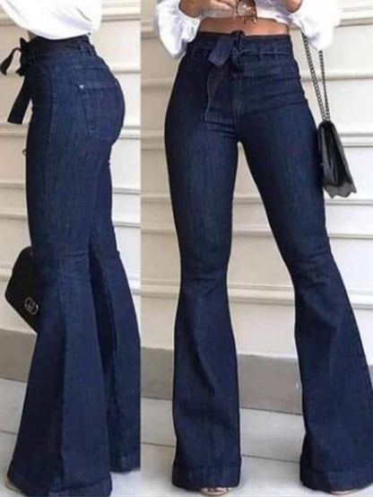 High-Waisted Slightly Stretchy Belt-Accented Flared Pants, Wide-Leg Women'S Jeans, Retro Flared Jeans, Loose-Fitting Women'S Jeans, Featuring 70S Style Ripped Design And Elastic Waistband, Suitable for Casual Or Cocktail Party Occasions