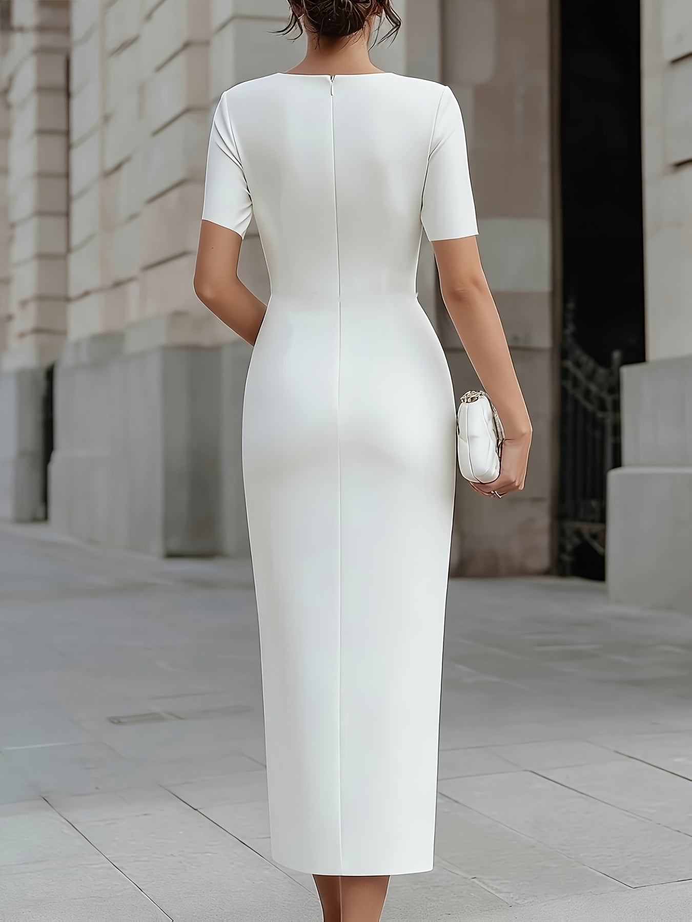 Women's Elegant White Stretch Bodycon Dress with Pleated Waist & Zipper Back - Midi Mermaid Gown Suitable for Commuting, Banquets, Weddings, Office - Round Neck Short Sleeve Minimalist Dress, Machine Washable Spring/Summer