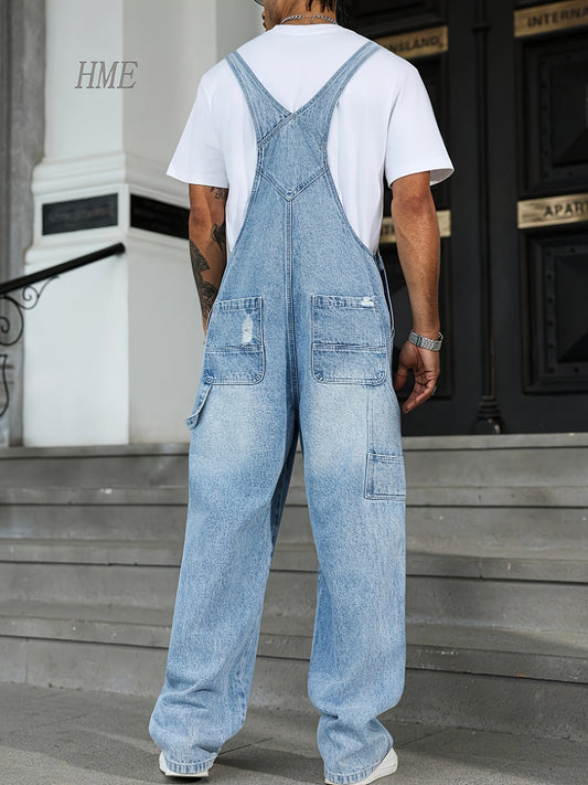 Four Seasons Trendy Men's Denim Overalls, Loose Straight-leg Fit, American Vintage Multi-pocket Workwear-style Casual Pants, Overalls with Distressed Design, Versatile Casual Wear Suitable for Any Occasion, Laid-back And Minimalist Men's Jeans